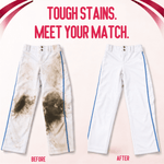Before-and-after comparison of a pair of white pants showing heavy mud stains on the left and cleaned pants on the right under headline text.