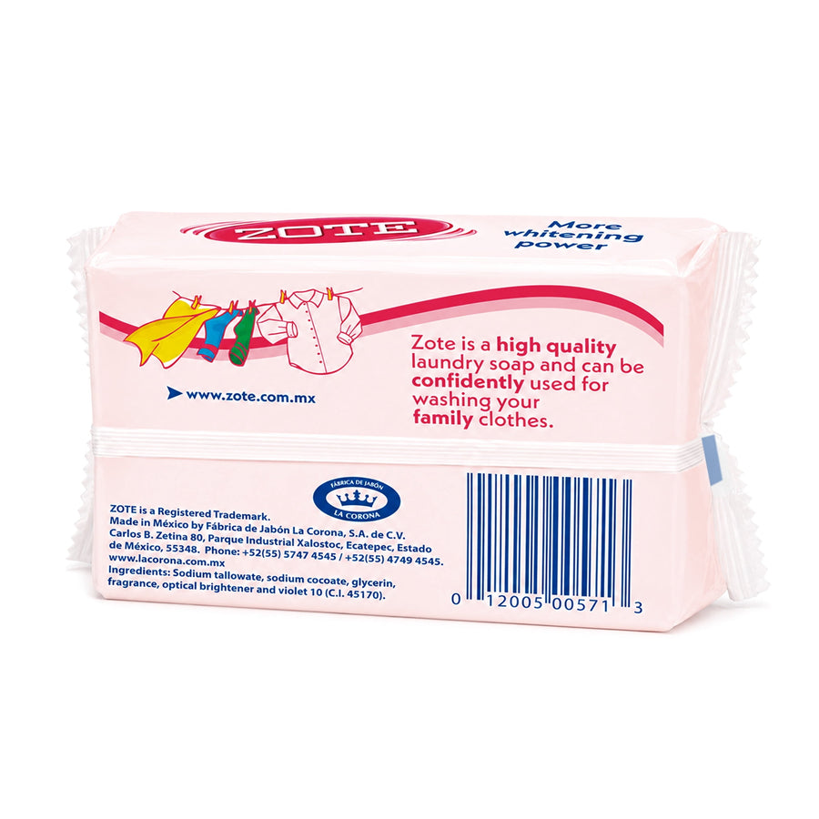 Rear view of a wrapped Zote Pink soap package showing product description, barcode, ingredients and brand crest on a pale pink background.
