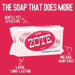 Pink-background lifestyle graphic of a wrapped Zote Pink soap bar with headline text and arrows calling out gentle, long-lasting uses.