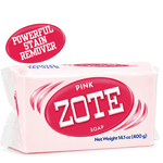 Close-up of a wrapped pink Zote laundry soap bar with bold ZOTE logo and net weight text on white background.