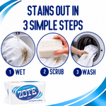 Instructional graphic showing three steps to remove stains: wet, scrub, wash, with small Zote soap package image at bottom.