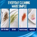 Four close-up panels showing dirt & mud, grass, food & grease, and makeup stains on white fabric labeled 'Everyday cleaning made simple.'
