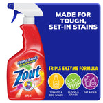 Red Zout spray bottle with trigger against blue panel reading 'Made for tough, set-in stains' and enzyme icons