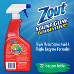 Rear view of a red Zout spray bottle beside bold Zout logo and text 'Stains Gone. Guaranteed!' on blue background