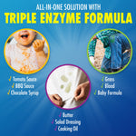Blue infographic panel showing three circular photos of common stains and headline 'Triple Enzyme Formula' with a checklist of stain types
